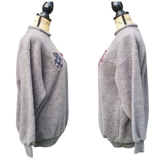 Cozy Y2k Fleece Sweater Art Unlimited M Sweatshirt Gray Mittens Grandma Vtg 90s - Picture 3 of 9